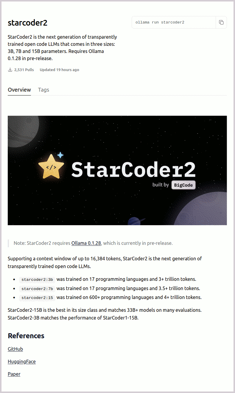 ollama supports StarCoder2